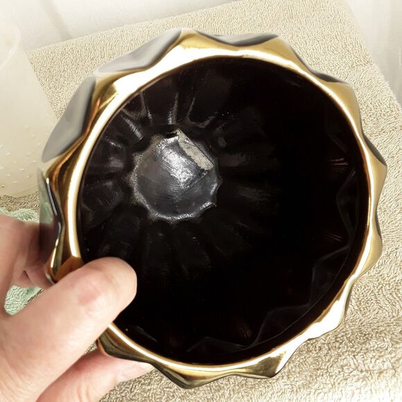 Used, Ceramic Orchid Pot 20 oz Planter, Shiny Black Gold, Modern Elegant Design - Picture 5 of 8